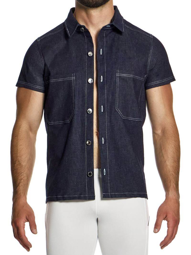 Mens MODUS VIVENDI Denim Shirt: Short Sleeve, Collared, Button Up