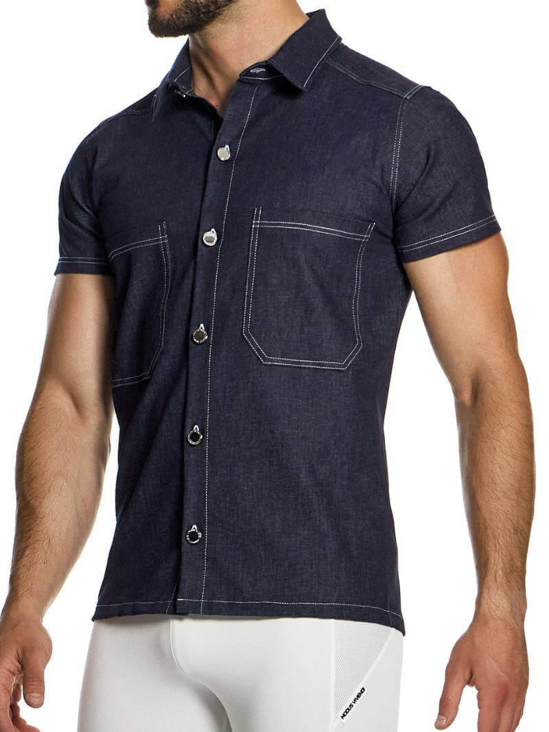 Mens MODUS VIVENDI Denim Shirt: Short Sleeve, Collared, Button Up