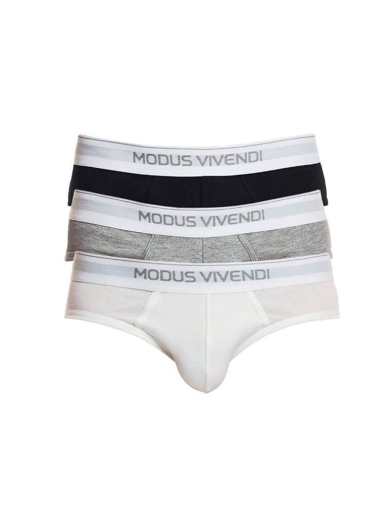 A three-pack of Modus Vivendi staple briefs in white, black, and grey, with the brand's waistband visible.