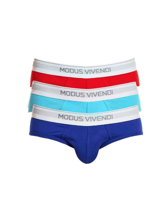A three-pack of Modus Vivendi staple briefs in white, black, and grey, with the brand's waistband visible.