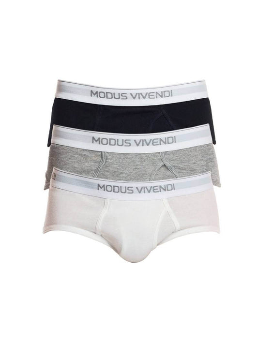 Three pairs of Modus Vivendi fly briefs in a 3-pack, with one pack showing white, black, and grey briefs and the other pack showing red, blue, and aqua briefs.