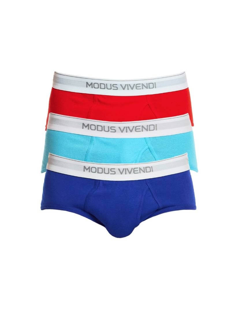 Three pairs of Modus Vivendi fly briefs in a 3-pack, with one pack showing white, black, and grey briefs and the other pack showing red, blue, and aqua briefs.