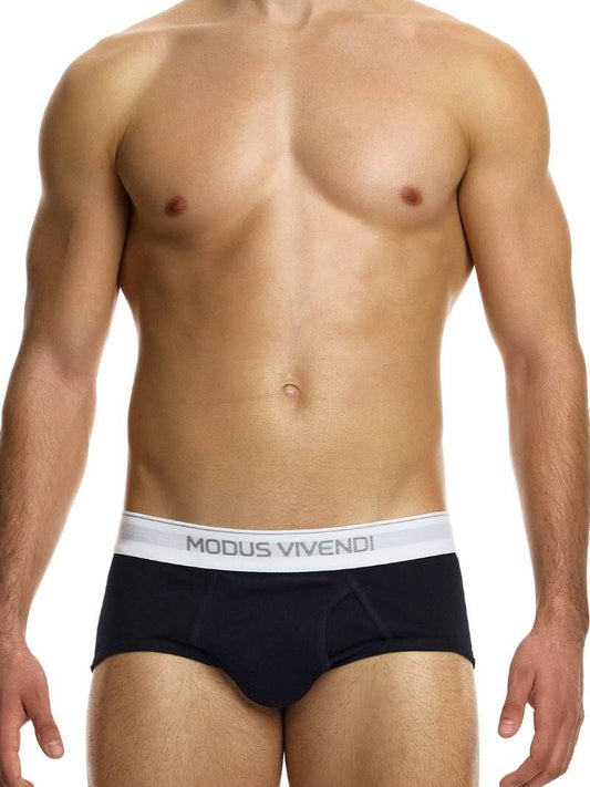 A model wearing a blue Modus Vivendi staple eco-cotton fly brief, with the brand's white waistband visible.