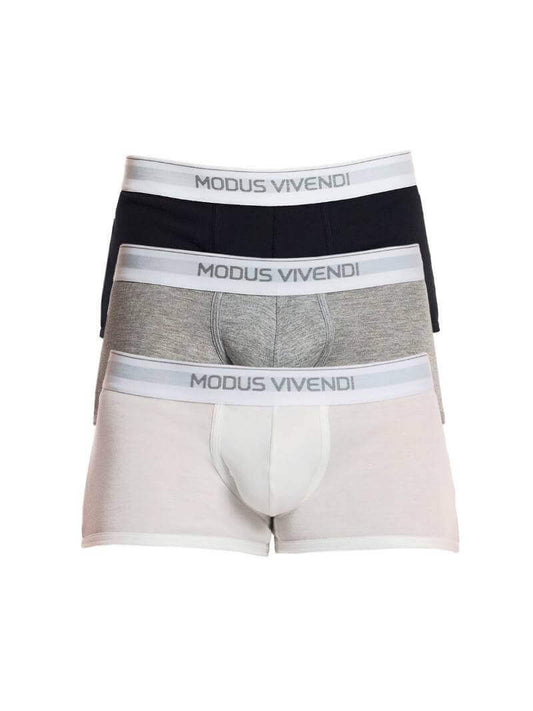 A set of three Modus Vivendi boxer briefs in a 3-pack Staple collection, with one pack showcasing white, black, and grey boxers, and another pack showing red, blue, and aqua boxers.