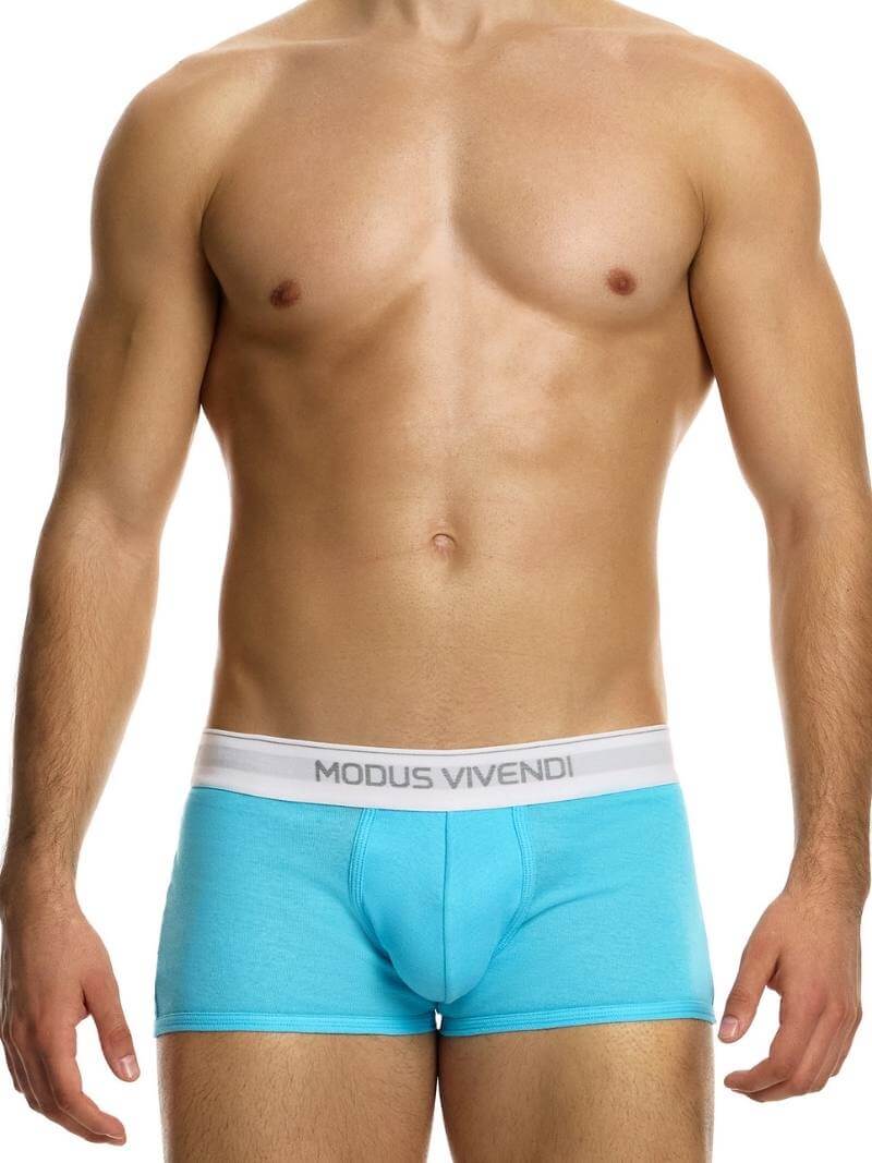 This image displays the MODUS VIVENDI Staple Boxer in a striking turquoise color, emphasizing its design features and fit. The boxer briefs are crafted from an eco-friendly cotton blend, including recycled yarns, supporting both sustainability and comfort.