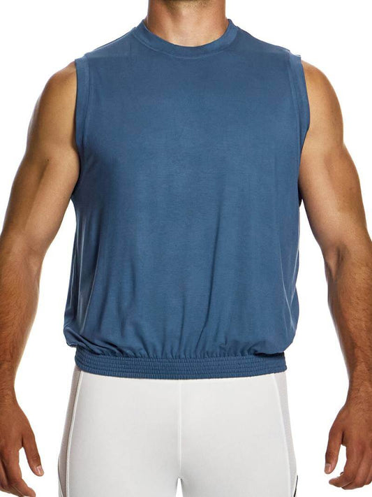 A male model wearing a blue sleeveless tank top with a round neck and elasticated hem.