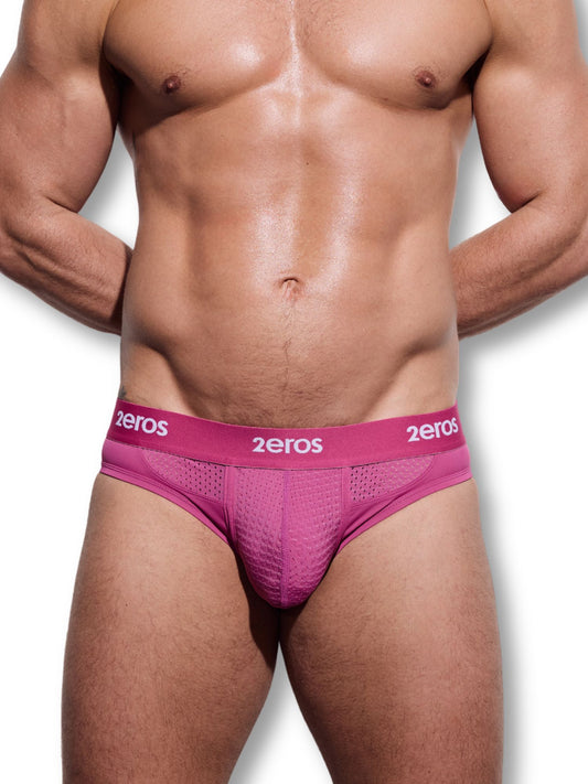 Man wearing pink underwear with '2eros' branding on a white background