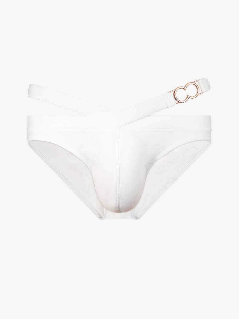 2eros V12 Men's Sexy White Bikini Swim Briefs with Side Windows and Metal Rose Gold Brand Details