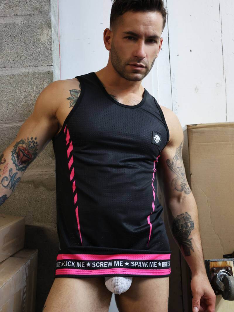 Mens Breedwell Snax Clubwear Vest: Breathable Mesh, Text Print Hem