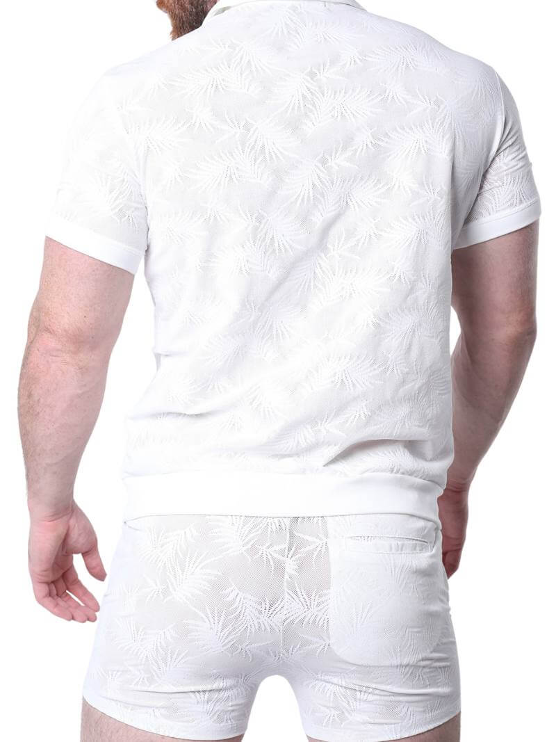 White textured short-sleeve shirt worn by a person on a white background