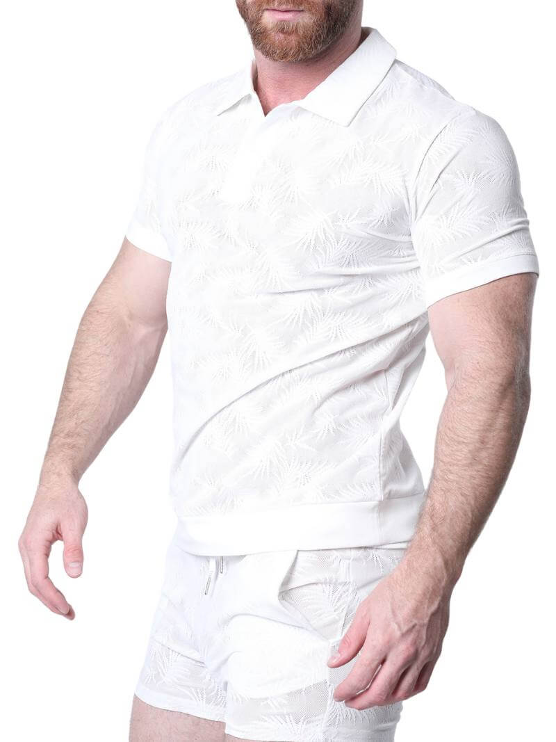White textured short-sleeve shirt worn by a person on a white background