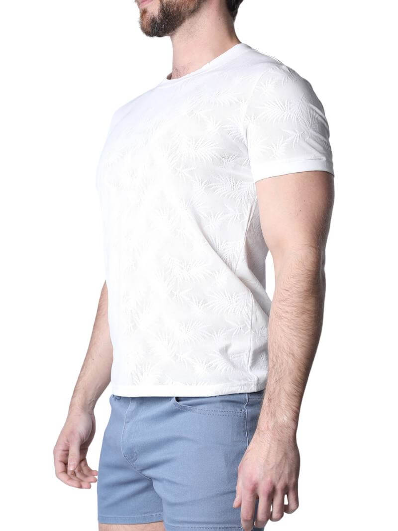 White textured t-shirt worn by a person on a white background