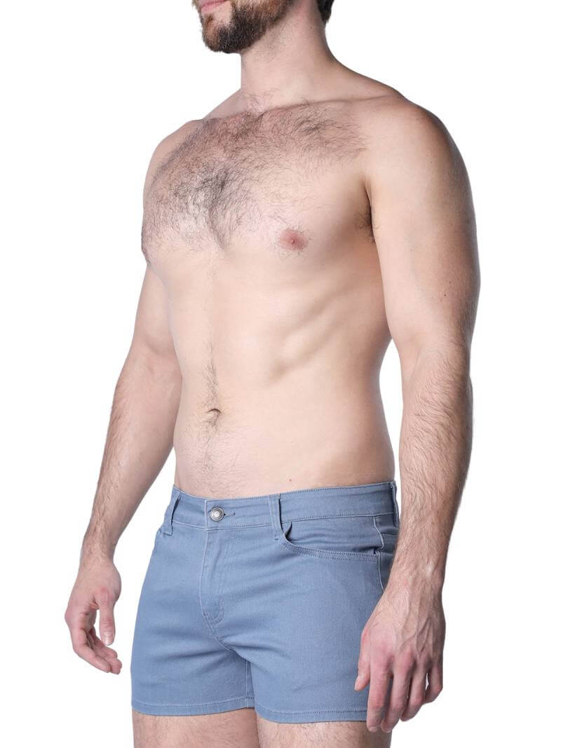 A pair of green Timoteo Berkeley cotton twill pocket shorts with a logo branding on the waistband, featuring a mid-thigh length, low-rise waist, zip-up fly, button fastening, belt loops, and five pockets.