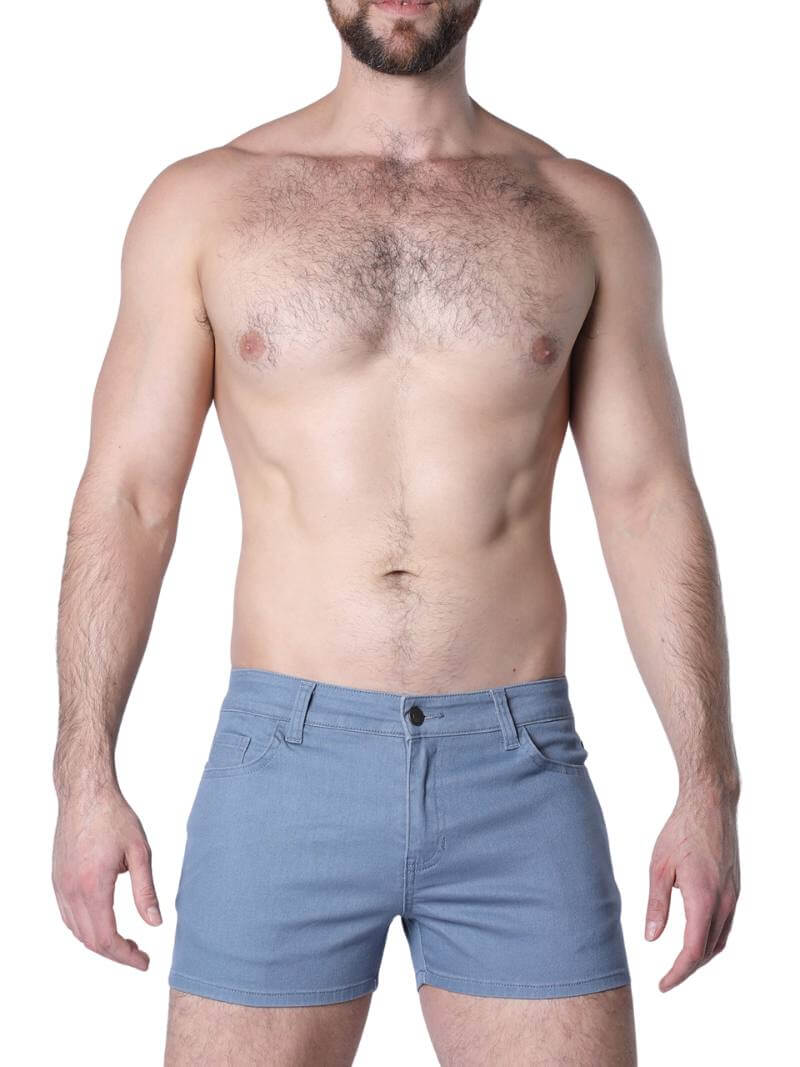 A pair of green Timoteo Berkeley cotton twill pocket shorts with a logo branding on the waistband, featuring a mid-thigh length, low-rise waist, zip-up fly, button fastening, belt loops, and five pockets.