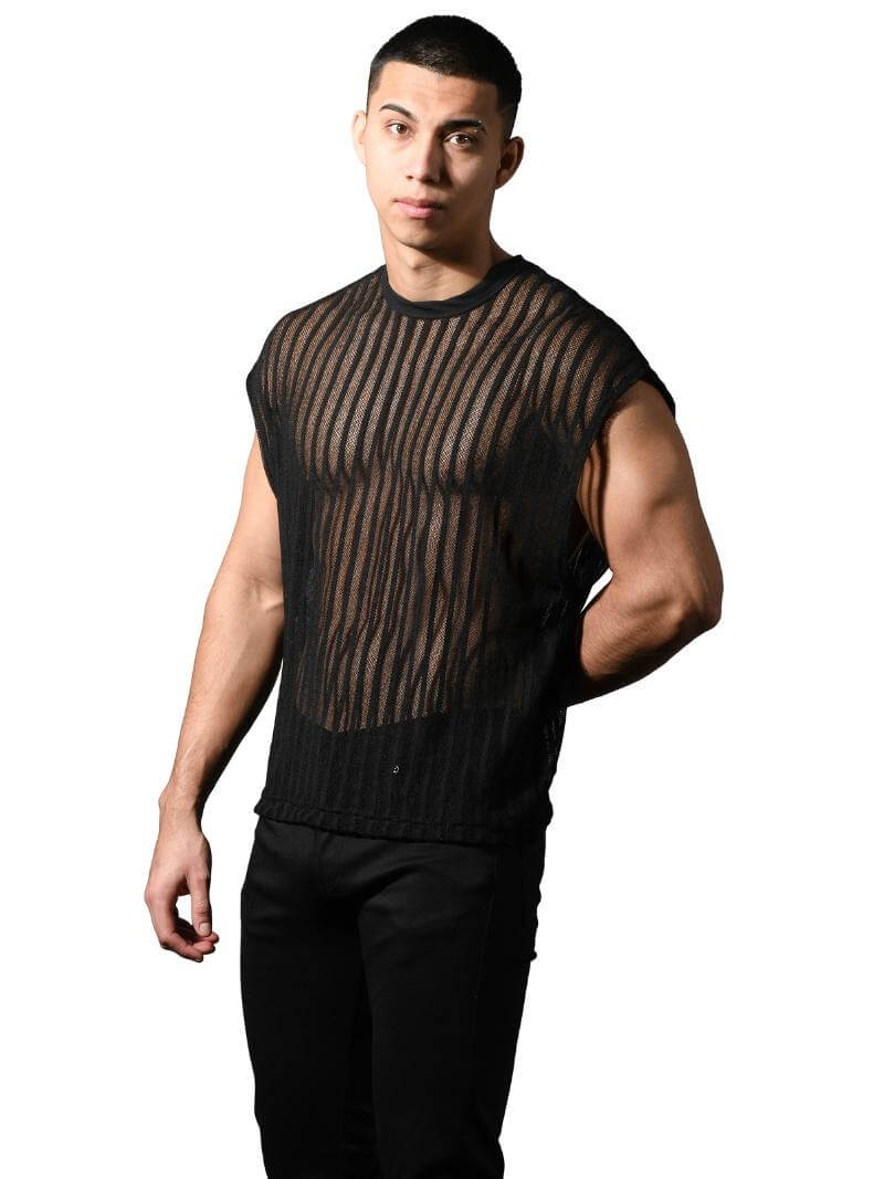 Andrew Christian Wide-Shoulder Striped Mesh Tank
