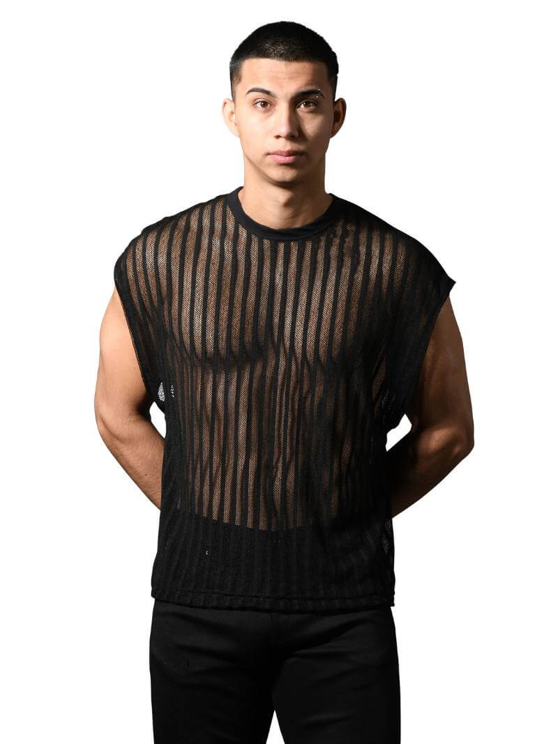 Andrew Christian Wide-Shoulder Striped Mesh Tank