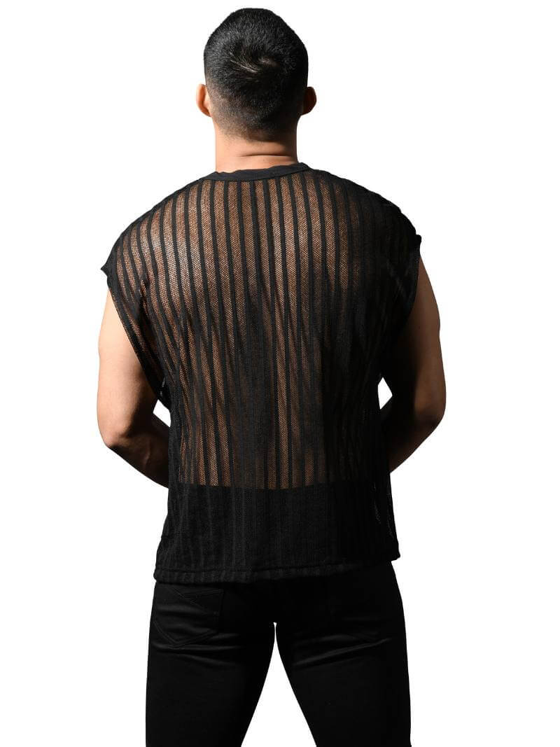 Andrew Christian Wide-Shoulder Striped Mesh Tank