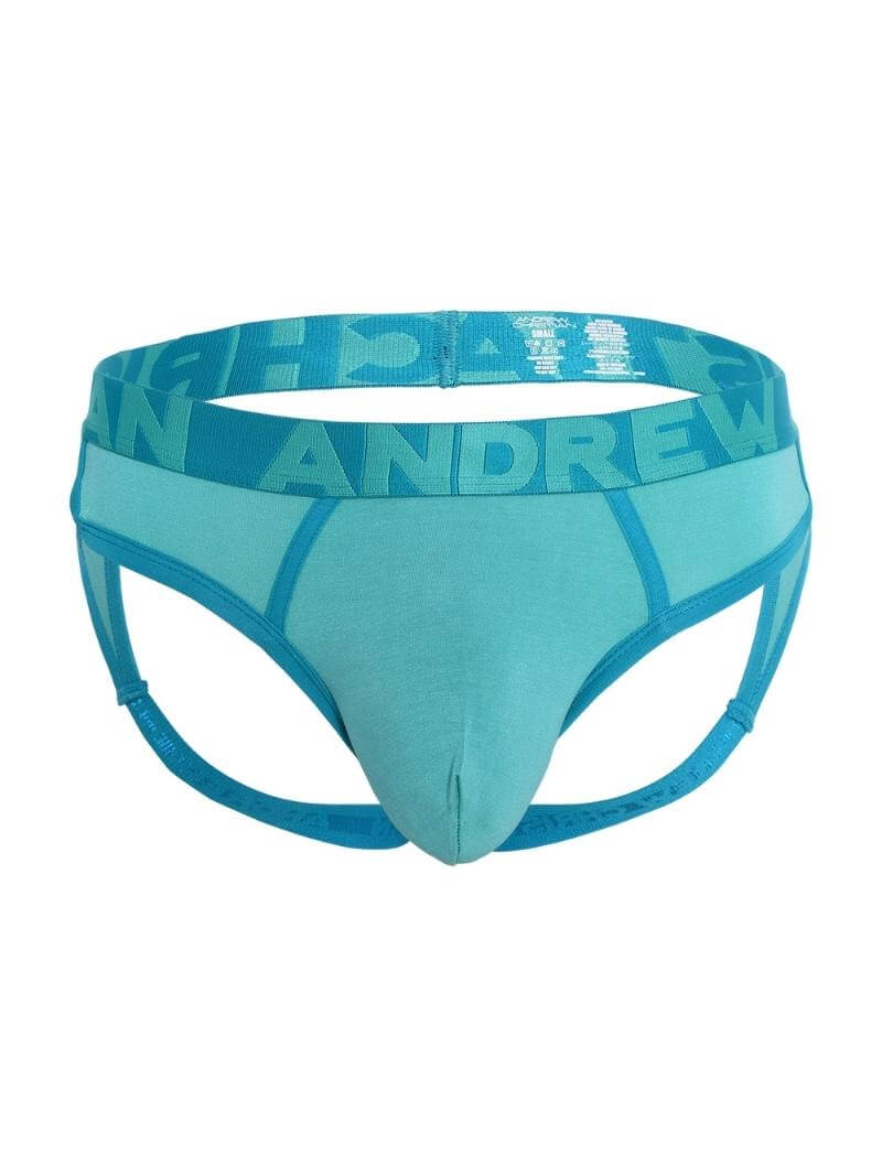Teal men's underwear with brand logo on a white background