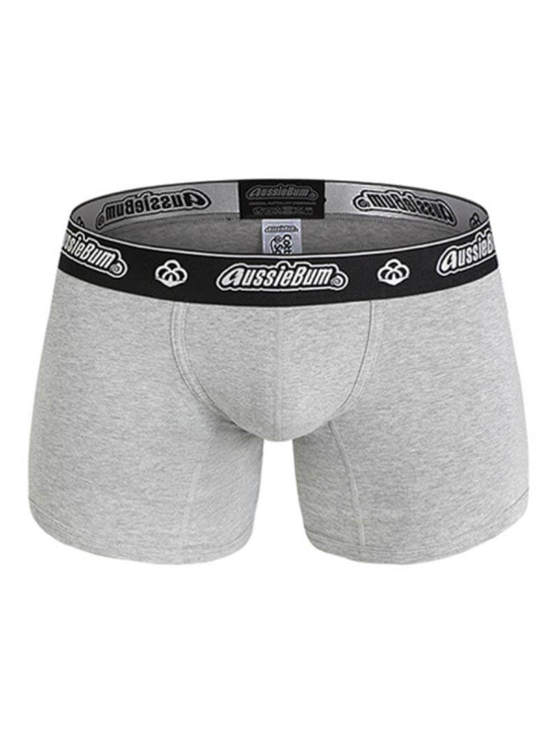 A pair of grey aussieBum CottonSoft 2.0 trunks with mid-rise waistband and metallic aussieBum branding on the elastic.