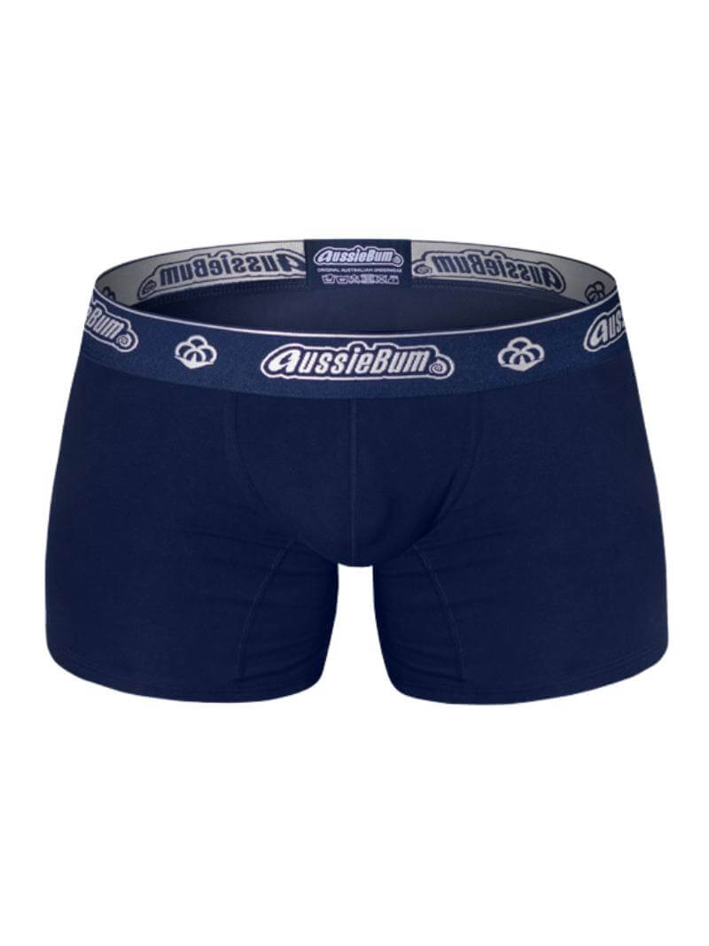 A pair of navy blue aussieBum CottonSoft 2.0 trunks with mid-rise waistband and metallic aussieBum branding on the elastic.