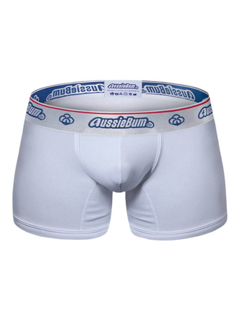 A pair of white aussieBum CottonSoft 2.0 trunks with mid-rise waistband and metallic aussieBum branding on the elastic.