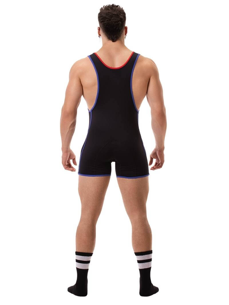 A person wearing a black wrestling singlet with Barcode Berlin branding on the left leg, featuring sporty side stripes.