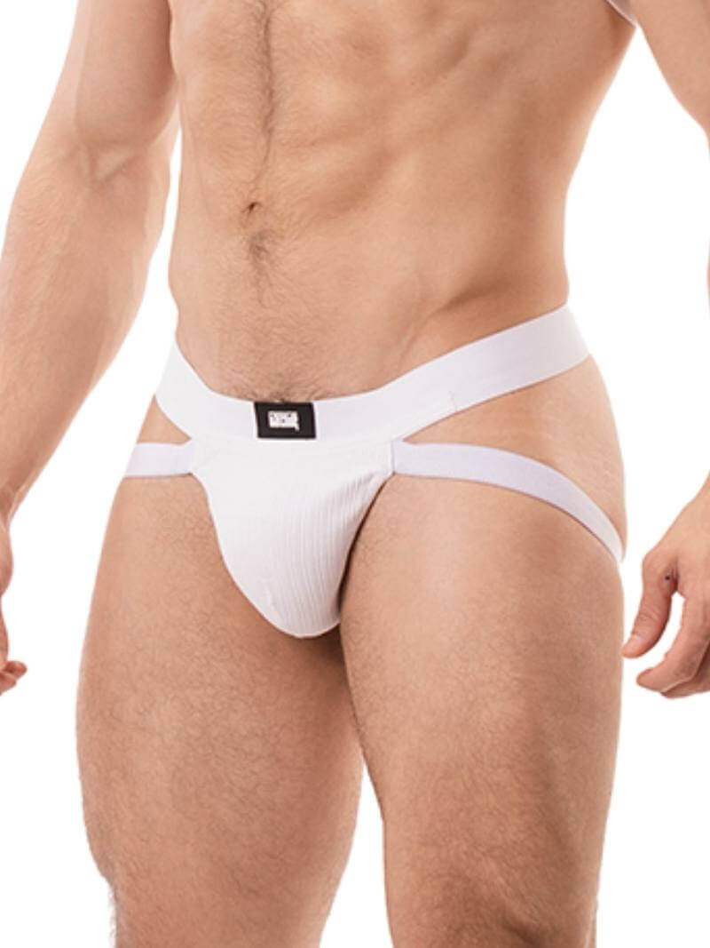 A blue ribbed cotton butt lifting jockstrap by Barcode Berlin, featuring a sturdy thick waistband and elasticated jock straps, modelled by a male model.