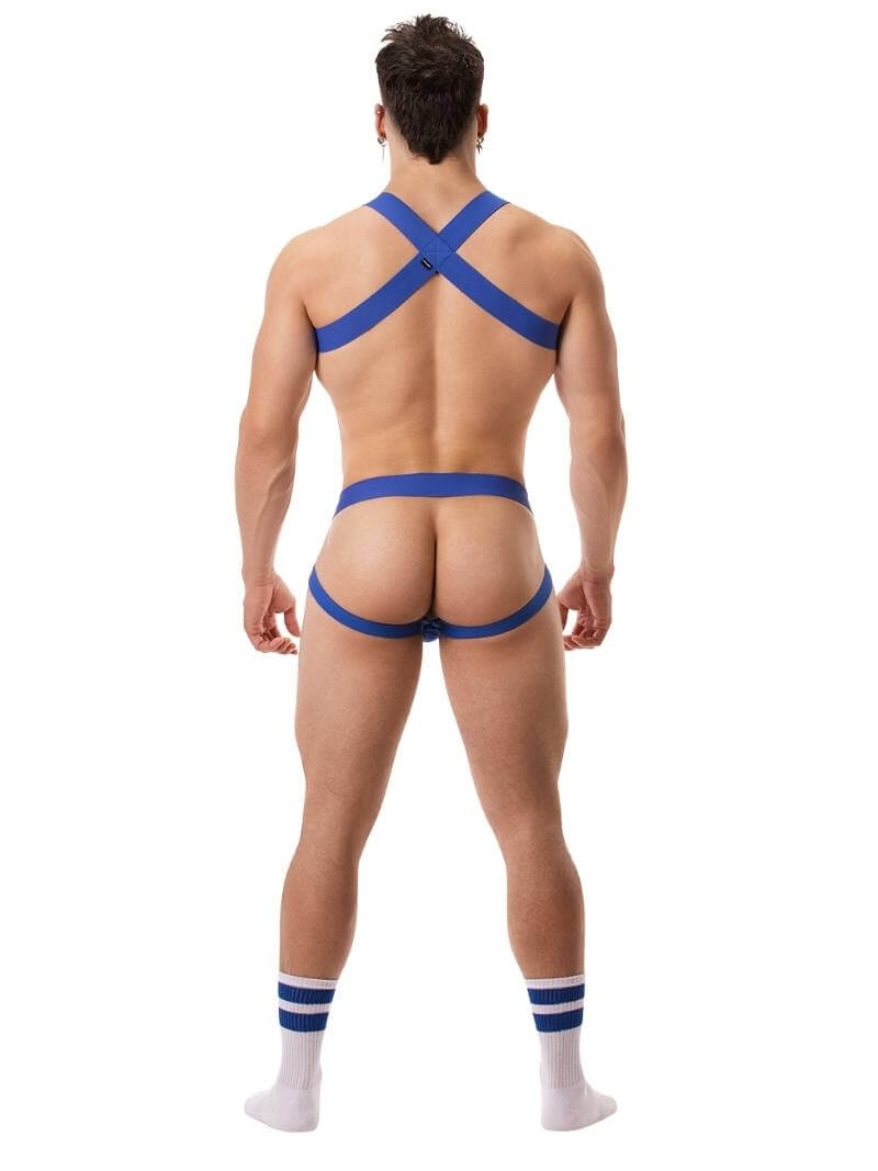 A blue ribbed cotton butt lifting jockstrap by Barcode Berlin, featuring a sturdy thick waistband and elasticated jock straps, modelled by a male model.