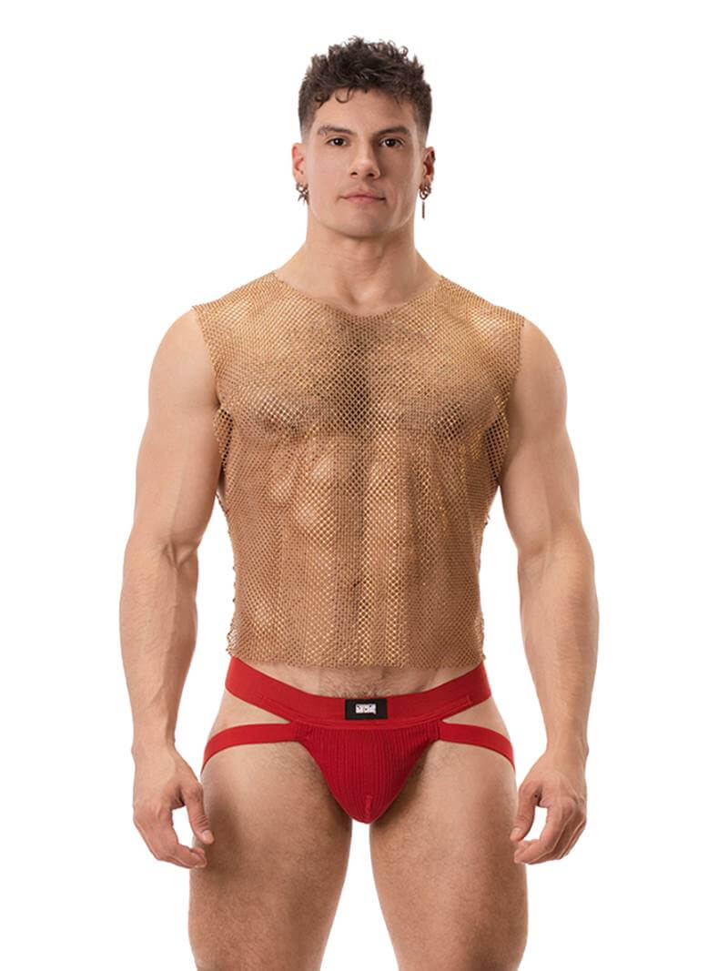 A male model wearing a sleeveless, round neck, mesh tank top in red with glitter accents, paired with black shorts with red trim. The tank top has a clubwear and partywear style, semi-see-through with a shimmering effect.