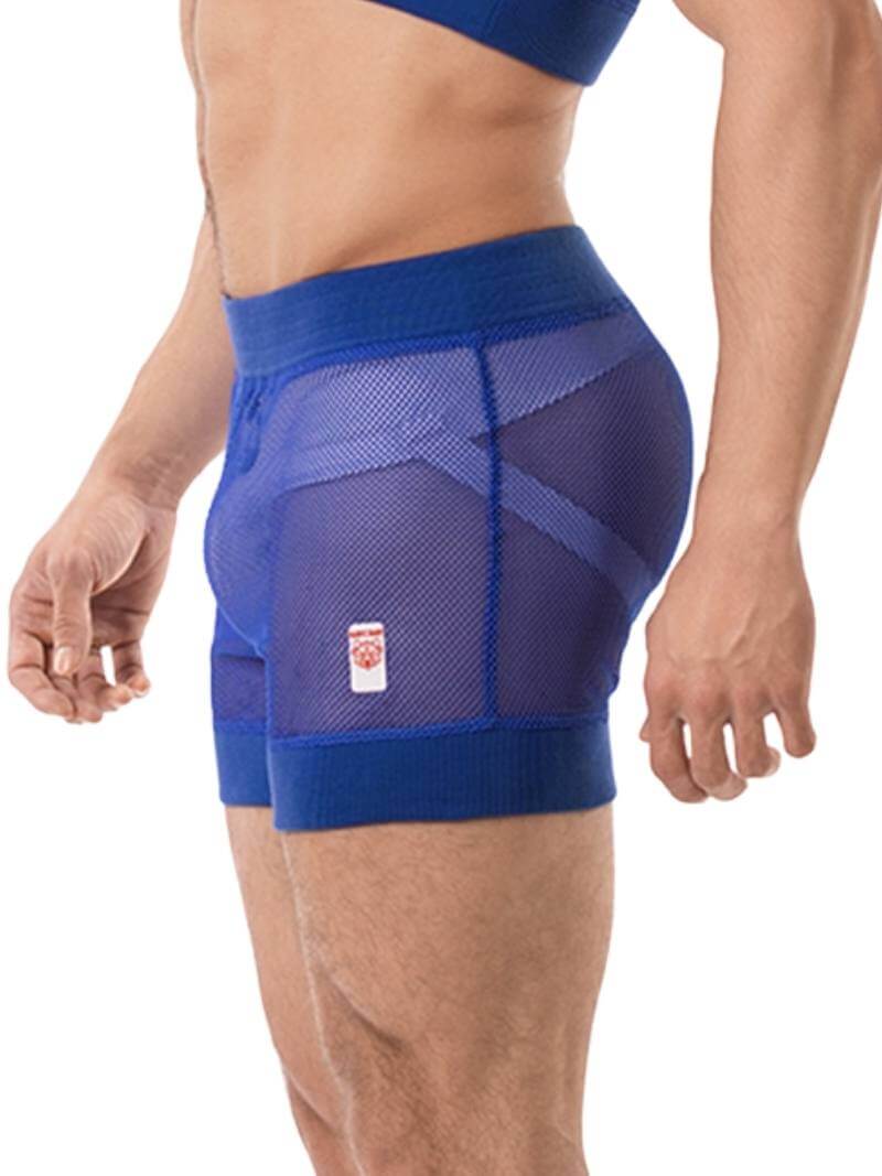 Royal blue mesh short with elasticated waistband and leg openings, featuring the BARCODE Berlin label on the leg.