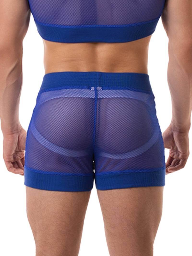 Royal blue mesh short with elasticated waistband and leg openings, featuring the BARCODE Berlin label on the leg.