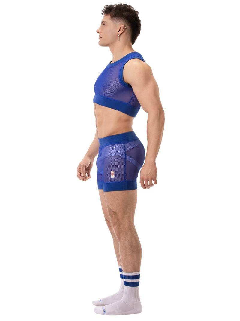 Royal blue mesh short with elasticated waistband and leg openings, featuring the BARCODE Berlin label on the leg.