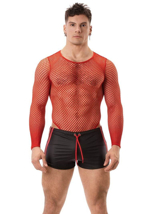 A man wearing red fishnet long-sleeve top and black mini shorts with sporty stripes and a drawstring.