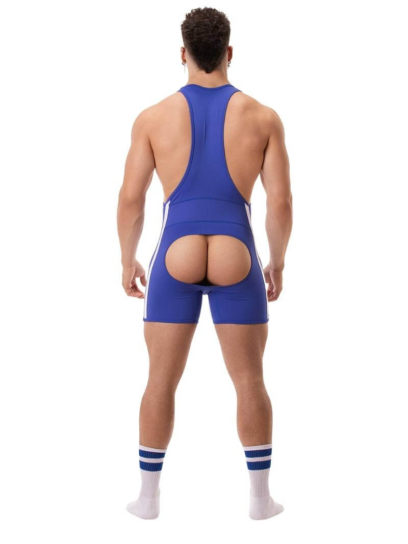 A man wearing a red Barcode Berlin backless singlet with white stripes and a low-cut neck.