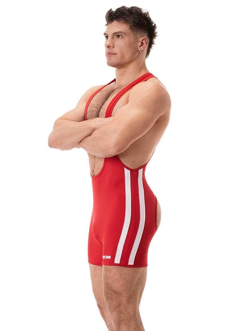 A man wearing a blue Barcode Berlin backless singlet with white stripes and a low-cut neck.
