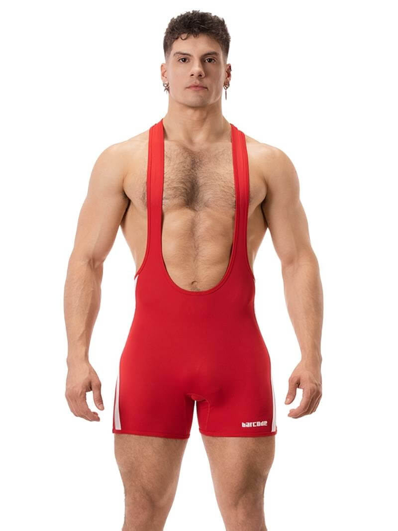 A man wearing a red Barcode Berlin backless singlet with white stripes and a low-cut neck.