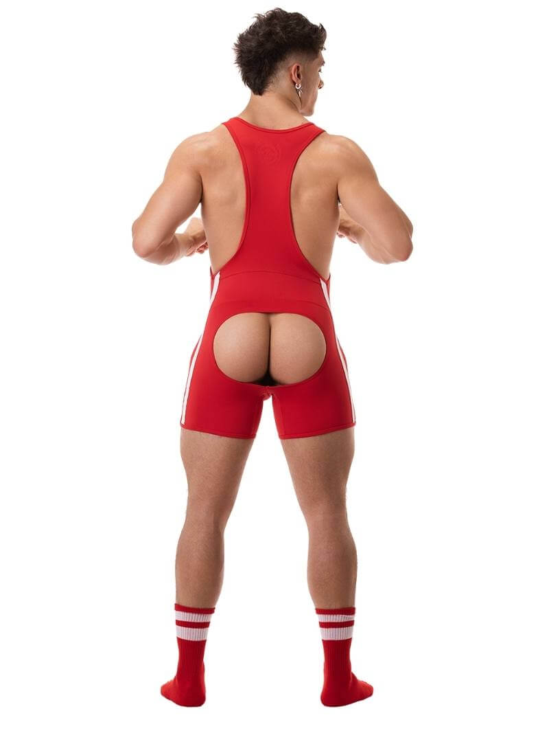 A man wearing a red Barcode Berlin backless singlet with white stripes and a low-cut neck.