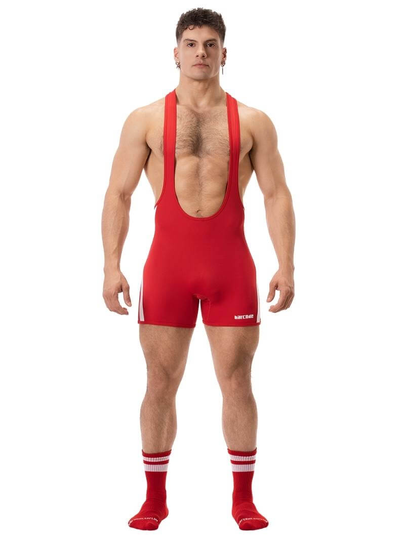 A man wearing a red Barcode Berlin backless singlet with white stripes and a low-cut neck.