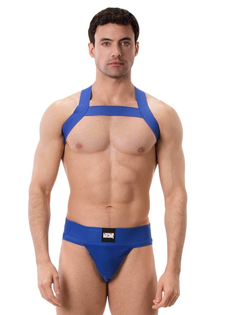 A man wearing a white elastic chest harness with straps across the chest and over the shoulders.