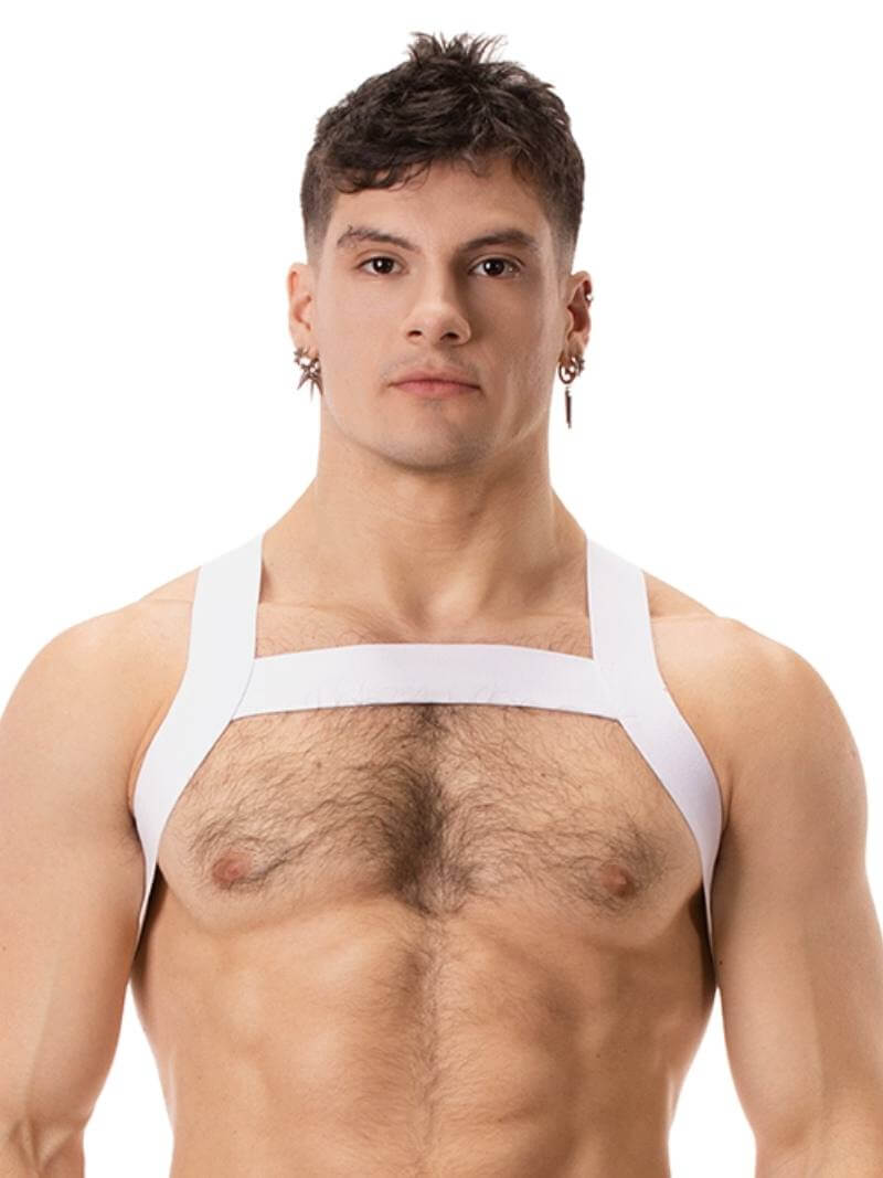 A man wearing a white elastic chest harness with straps across the chest and over the shoulders.