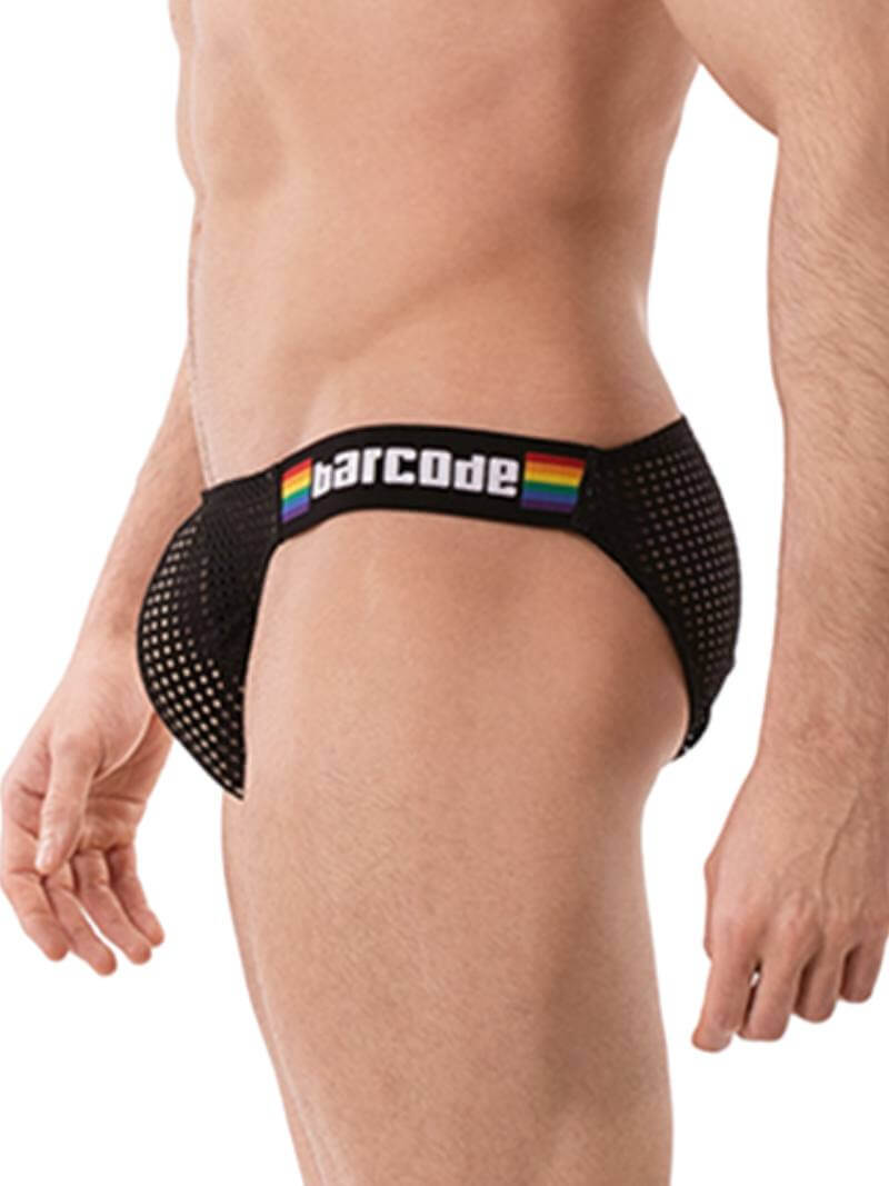 This image features the Barcode Berlin Regiro Pride Mesh Bikini Brief, modeled to showcase its fit and style. The brief has a striking design with a black mesh material that is partially see-through, offering a seductive and breathable underwear option.