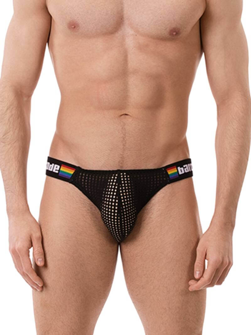 This image features the Barcode Berlin Regiro Pride Mesh Bikini Brief, modeled to showcase its fit and style. The brief has a striking design with a black mesh material that is partially see-through, offering a seductive and breathable underwear option.