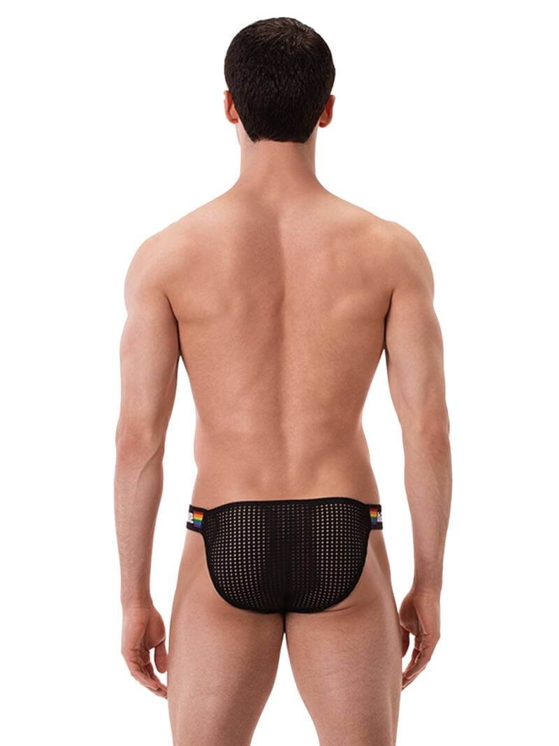 This image features the Barcode Berlin Regiro Pride Mesh Bikini Brief, modeled to showcase its fit and style. The brief has a striking design with a black mesh material that is partially see-through, offering a seductive and breathable underwear option.