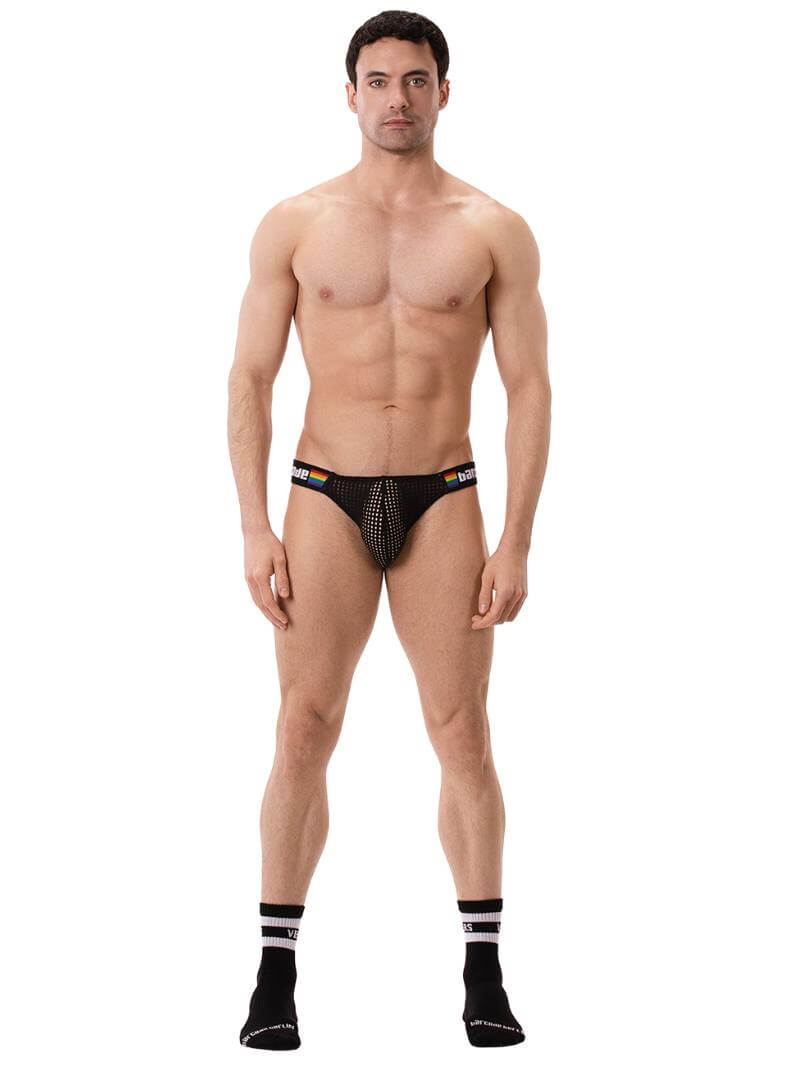 This image features the Barcode Berlin Regiro Pride Mesh Bikini Brief, modeled to showcase its fit and style. The brief has a striking design with a black mesh material that is partially see-through, offering a seductive and breathable underwear option.