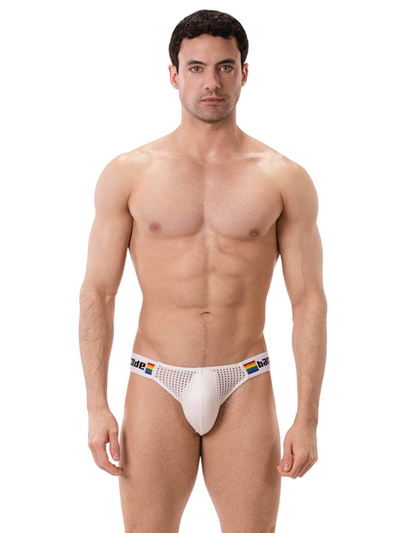 This image features the Barcode Berlin Regiro Pride Mesh Bikini Brief, modeled to showcase its fit and style. The brief has a striking design with a black mesh material that is partially see-through, offering a seductive and breathable underwear option.