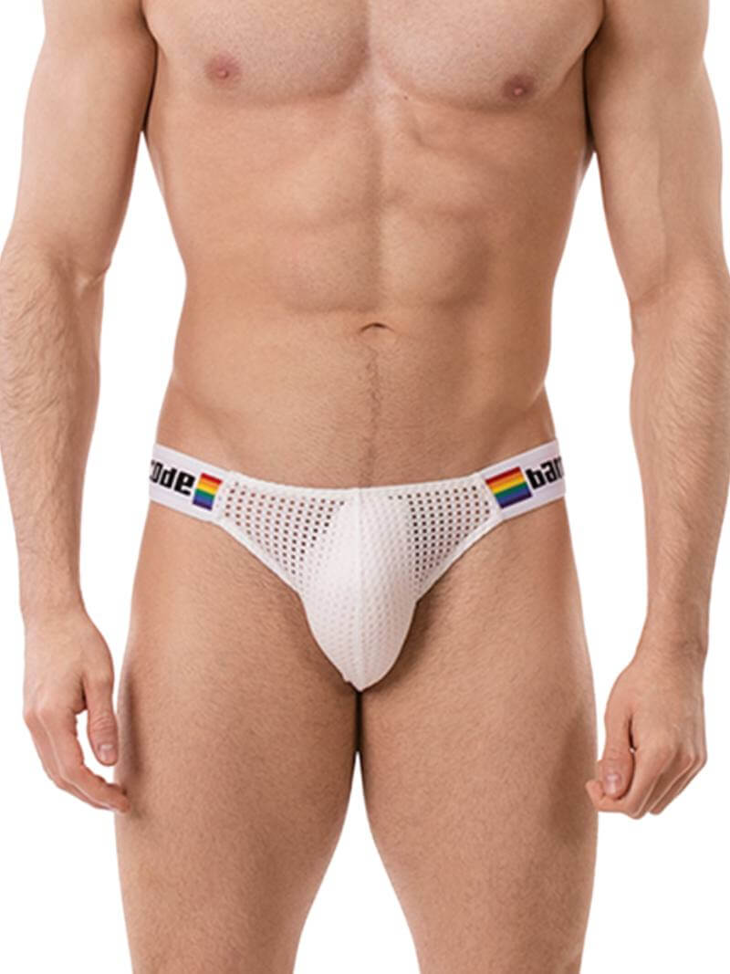This image features the Barcode Berlin Regiro Pride Mesh Bikini Brief, modeled to showcase its fit and style. The brief has a striking design with a black mesh material that is partially see-through, offering a seductive and breathable underwear option.