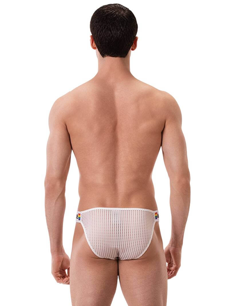 This image features the Barcode Berlin Regiro Pride Mesh Bikini Brief, modeled to showcase its fit and style. The brief has a striking design with a black mesh material that is partially see-through, offering a seductive and breathable underwear option.