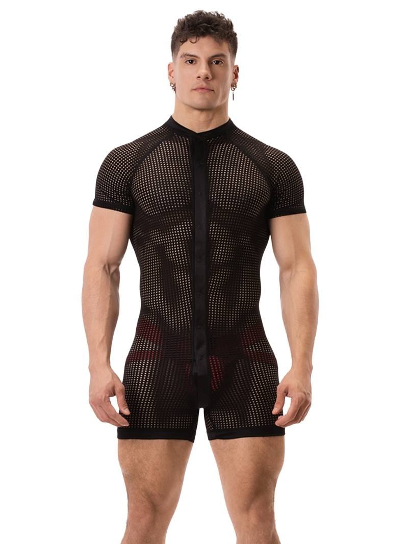 A model wearing a black mesh one-piece union suit with short sleeves and a crew neck. The suit features a buttoned front and rear access.