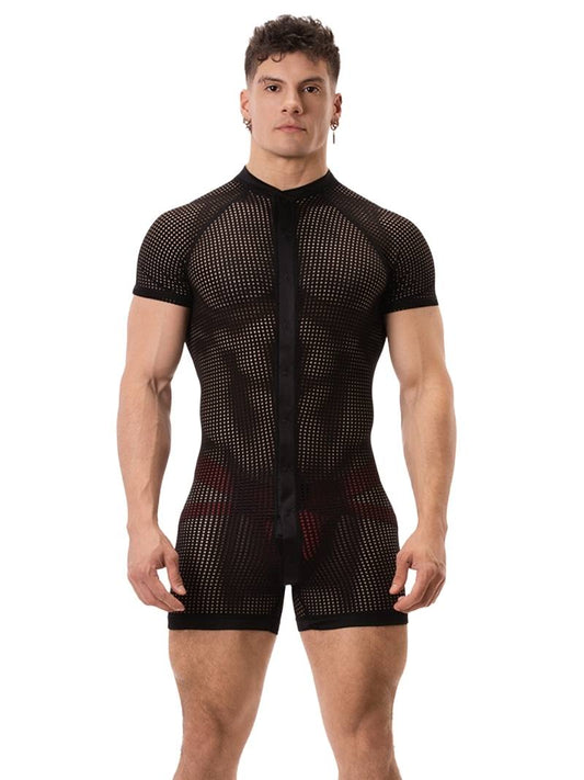 A model wearing a black mesh one-piece union suit with short sleeves and a crew neck. The suit features a buttoned front and rear access.