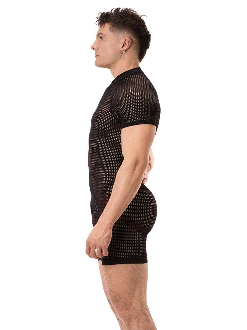 A model wearing a black mesh one-piece union suit with short sleeves and a crew neck. The suit features a buttoned front and rear access.